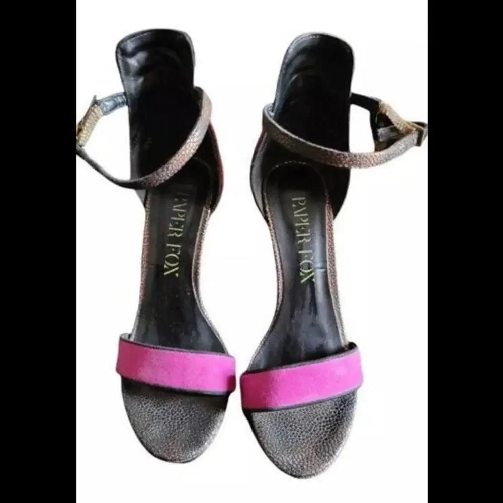 👠😎🩷 Paper Fox Sandals Stilettos 5 1/2 Pink Black Bronze Heels 4.25